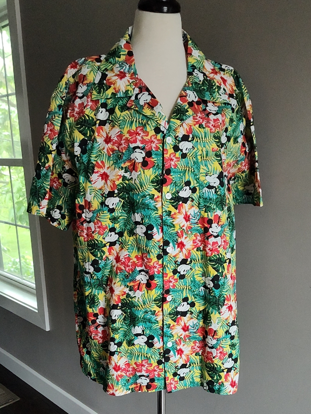 Disney Tropical Button Down Mickey Mouse Short-Sleeve Shirt — Green, Yellow, Red